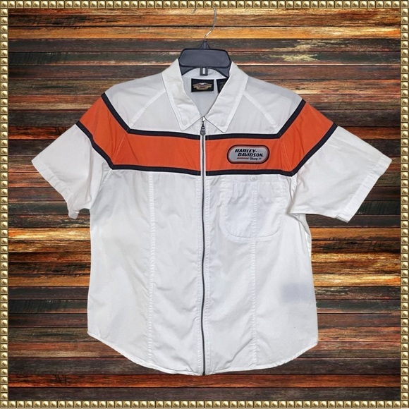 Harley-Davidson Tops - Harley Davidson White Orange Zipper Closure Short Sleeve Racing Shirt Size Large